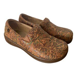 Alegria Keli Country Road Brown Floral Tooled Leather Clog Size 37